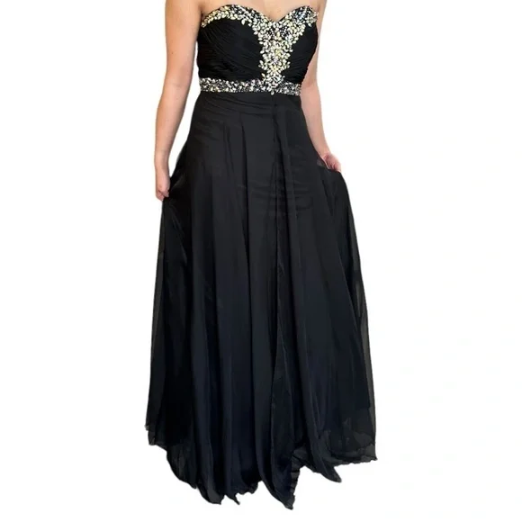 ✨Host Pick✨ BLACK CHIFFON PROM FORMAL EVENING GOWN WITH RHINESTONE ACCENTS 4 - Picture 6 of 16